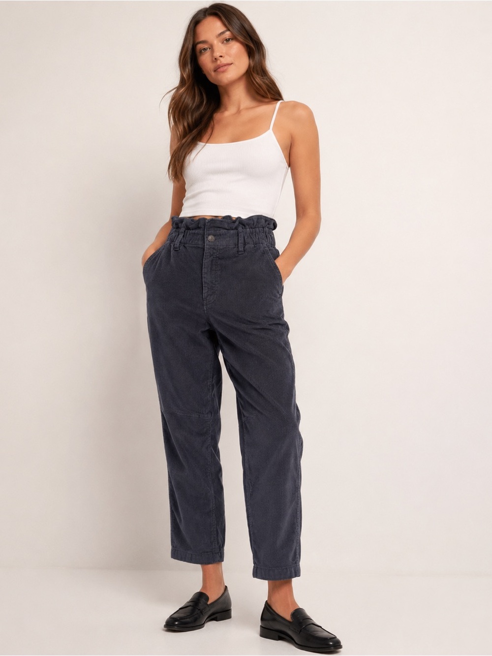 American Eagle High Rise Paperbag Corduroy Pants Women’s 8 Charcoal Gray Ankle
